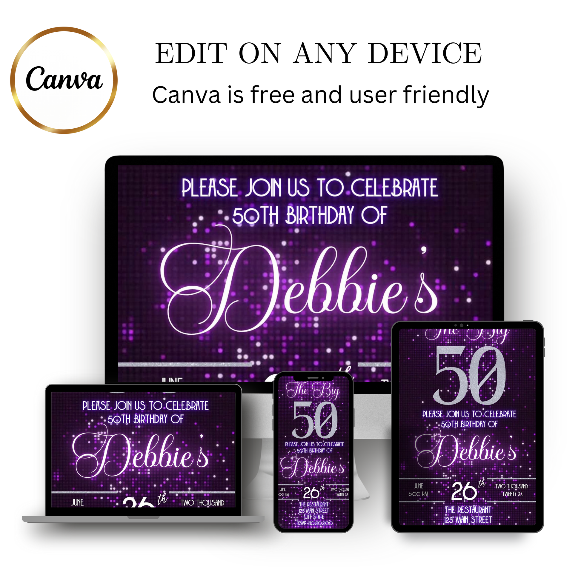 Editable purple glitter 50th birthday video invitation displayed on a mobile phone, featuring an animated vertical digital invite with music, created in Canva. This premium video invitation template is designed for sharing by text, email, and social media and works with an interactive RSVP website for easy guest response tracking.