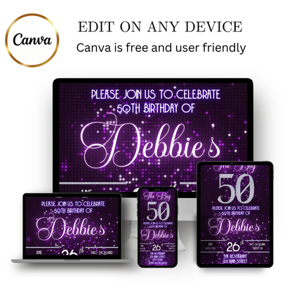 Editable purple glitter 50th birthday video invitation displayed on a mobile phone, featuring an animated vertical digital invite with music, created in Canva. This premium video invitation template is designed for sharing by text, email, and social media and works with an interactive RSVP website for easy guest response tracking.