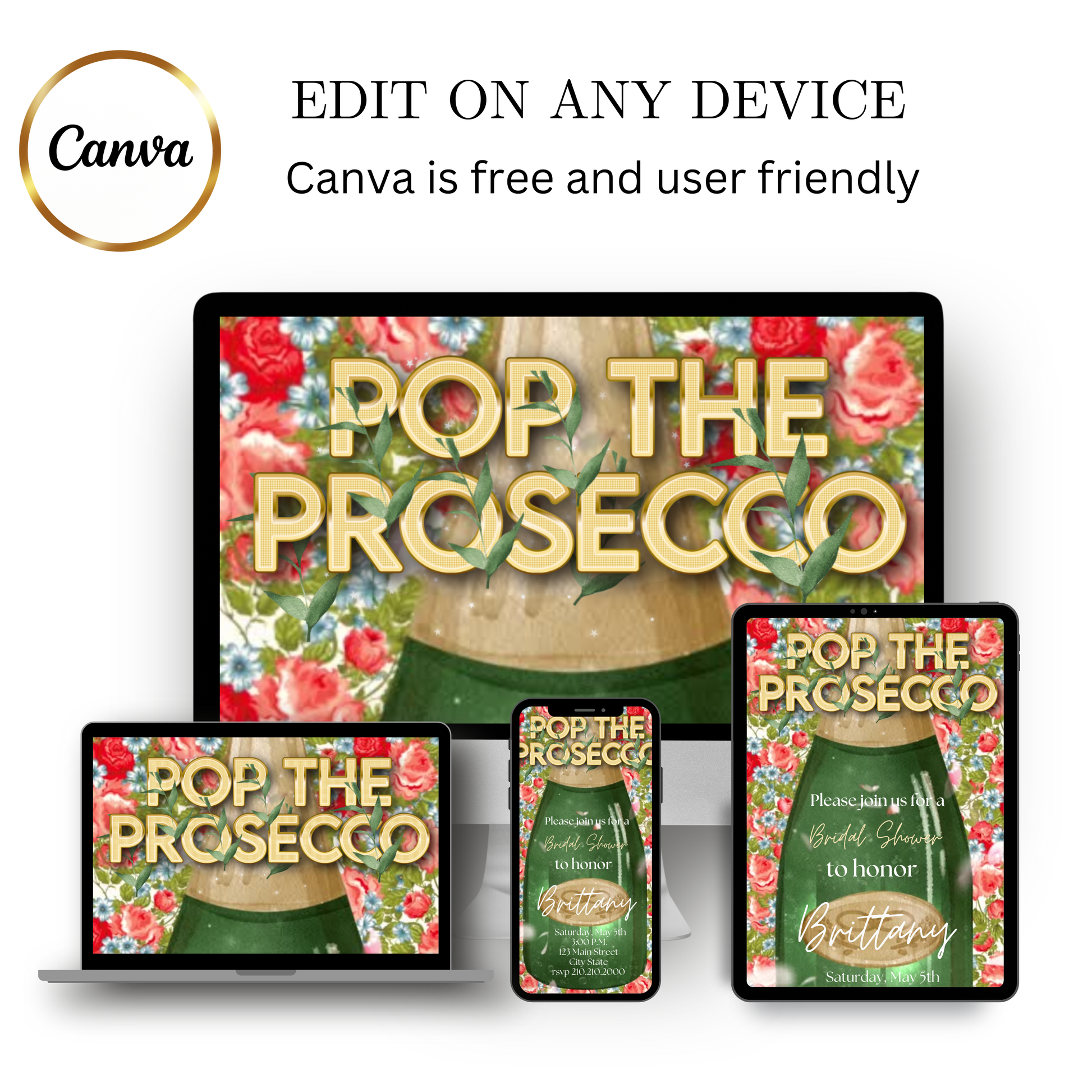Editable green bottle floral pop the prosecco bridal shower video invitation displayed on a mobile phone, featuring an animated vertical digital invite with music, created in Canva. This premium video invitation template is designed for sharing by text, email, and social media and works with an interactive RSVP website for easy guest response tracking.