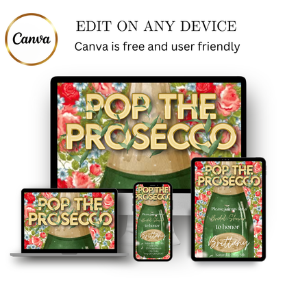 Editable green bottle floral pop the prosecco bridal shower video invitation displayed on a mobile phone, featuring an animated vertical digital invite with music, created in Canva. This premium video invitation template is designed for sharing by text, email, and social media and works with an interactive RSVP website for easy guest response tracking.