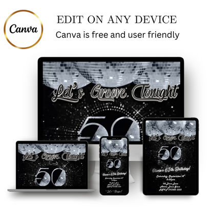 Editable silver studio 54 disco 50th birthday video invitation displayed on a mobile phone, featuring an animated vertical digital invite with music, created in Canva. This premium video invitation template is designed for sharing by text, email, and social media and works with an interactive RSVP website for easy guest response tracking.