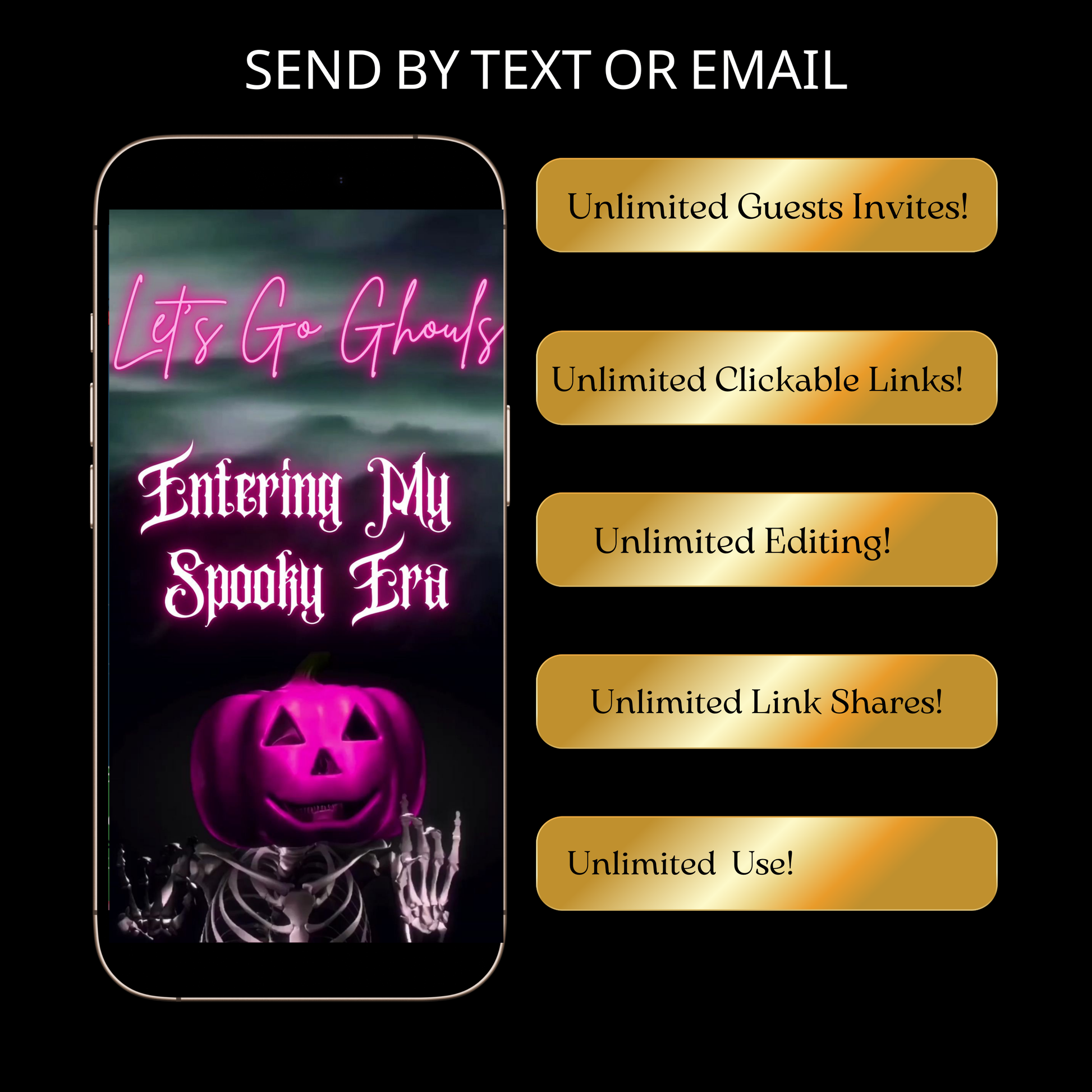 Editable pink spooky halloween party party video invitation displayed on a mobile phone, featuring an animated vertical digital invite with music, created in Canva. This premium video invitation template is designed for sharing by text, email, and social media and works with an interactive RSVP website for easy guest response tracking.