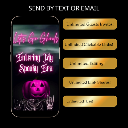 Editable pink spooky halloween party party video invitation displayed on a mobile phone, featuring an animated vertical digital invite with music, created in Canva. This premium video invitation template is designed for sharing by text, email, and social media and works with an interactive RSVP website for easy guest response tracking.