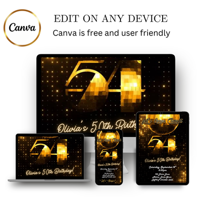 Editable gold disco 54th birthday video invitation displayed on a mobile phone, featuring an animated vertical digital invite with music, created in Canva. This premium video invitation template is designed for sharing by text, email, and social media and works with an interactive RSVP website for easy guest response tracking.