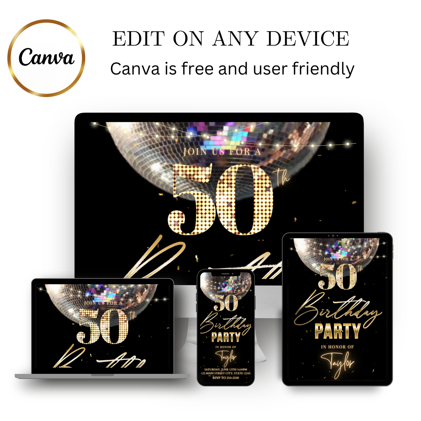 Editable black gold elegant 50th birthday video invitation displayed on a mobile phone, featuring an animated vertical digital invite with music, created in Canva. This premium video invitation template is designed for sharing by text, email, and social media and works with an interactive RSVP website for easy guest response tracking.