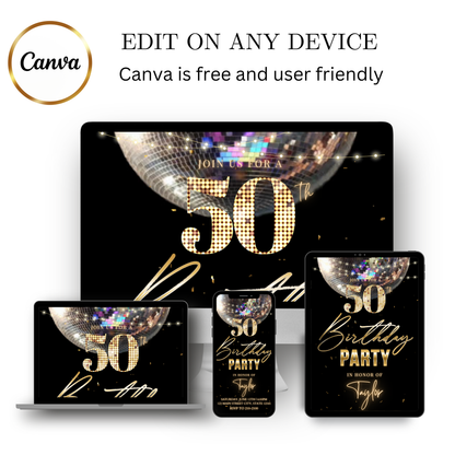 Editable black gold elegant 50th birthday video invitation displayed on a mobile phone, featuring an animated vertical digital invite with music, created in Canva. This premium video invitation template is designed for sharing by text, email, and social media and works with an interactive RSVP website for easy guest response tracking.