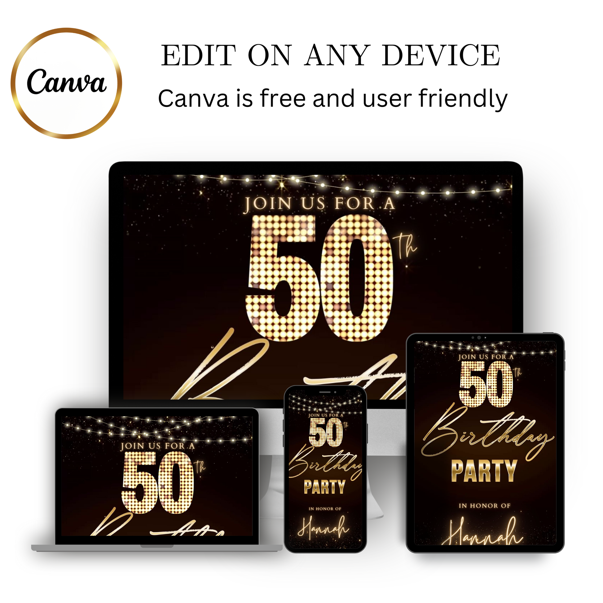 Editable maroon gold sparkle 50th birthday party video invitation displayed on a mobile phone, featuring an animated vertical digital invite with music, created in Canva. This premium video invitation template is designed for sharing by text, email, and social media and works with an interactive RSVP website for easy guest response tracking.