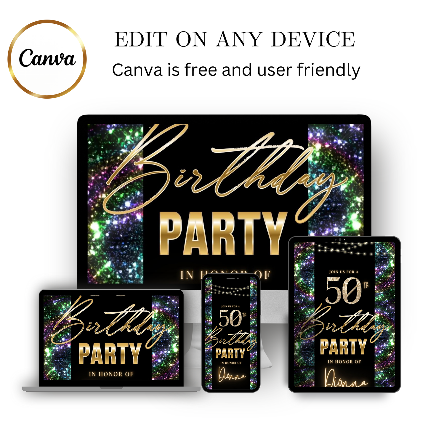 Editable nardo gras glitter 50th birthday video invitation displayed on a mobile phone, featuring an animated vertical digital invite with music, created in Canva. This premium video invitation template is designed for sharing by text, email, and social media and works with an interactive RSVP website for easy guest response tracking.