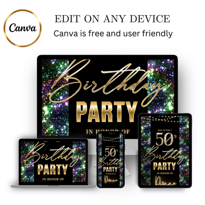 Editable nardo gras glitter 50th birthday video invitation displayed on a mobile phone, featuring an animated vertical digital invite with music, created in Canva. This premium video invitation template is designed for sharing by text, email, and social media and works with an interactive RSVP website for easy guest response tracking.