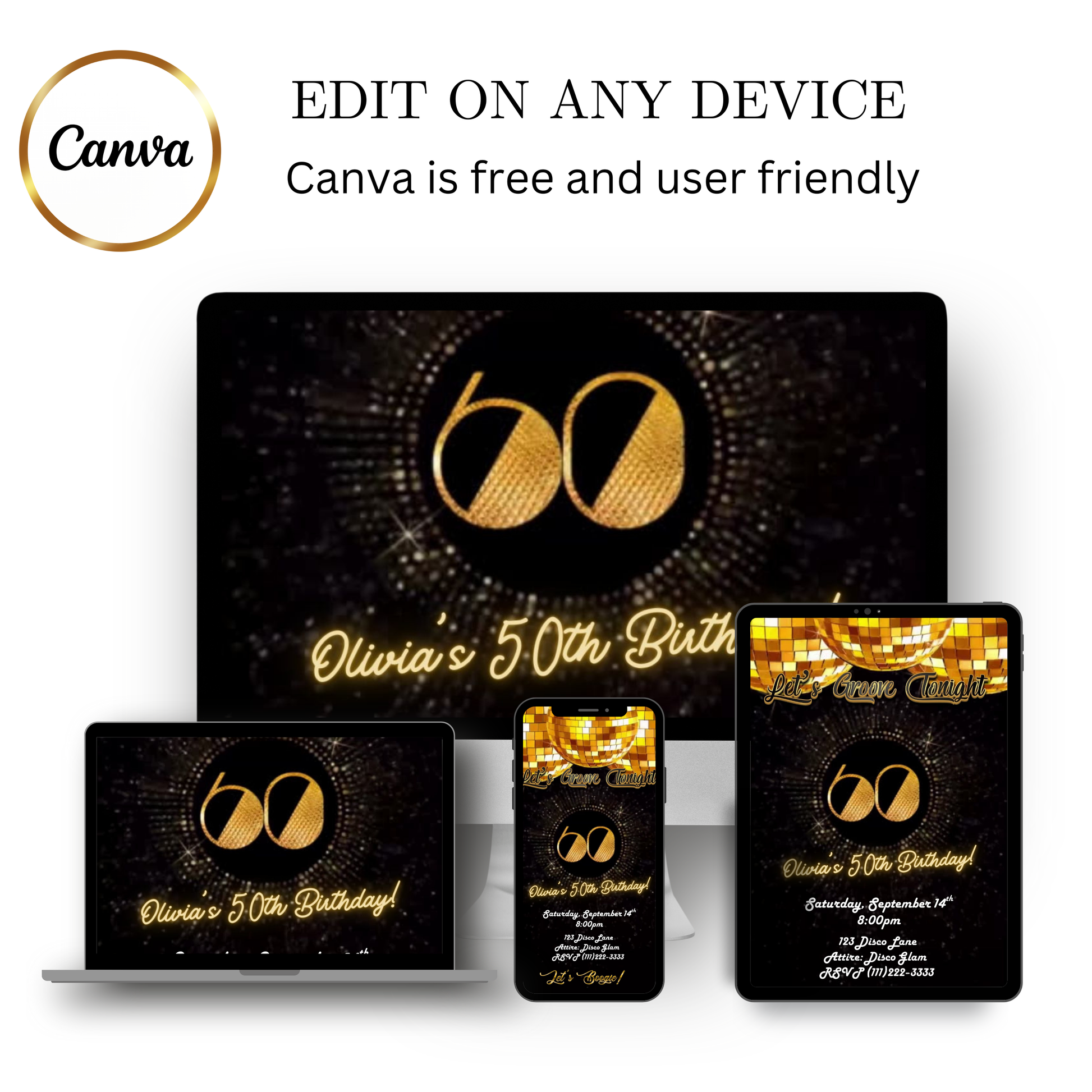 Editable gold disco 60th birthday video invitation displayed on a mobile phone, featuring an animated vertical digital invite with music, created in Canva. This premium video invitation template is designed for sharing by text, email, and social media and works with an interactive RSVP website for easy guest response tracking.