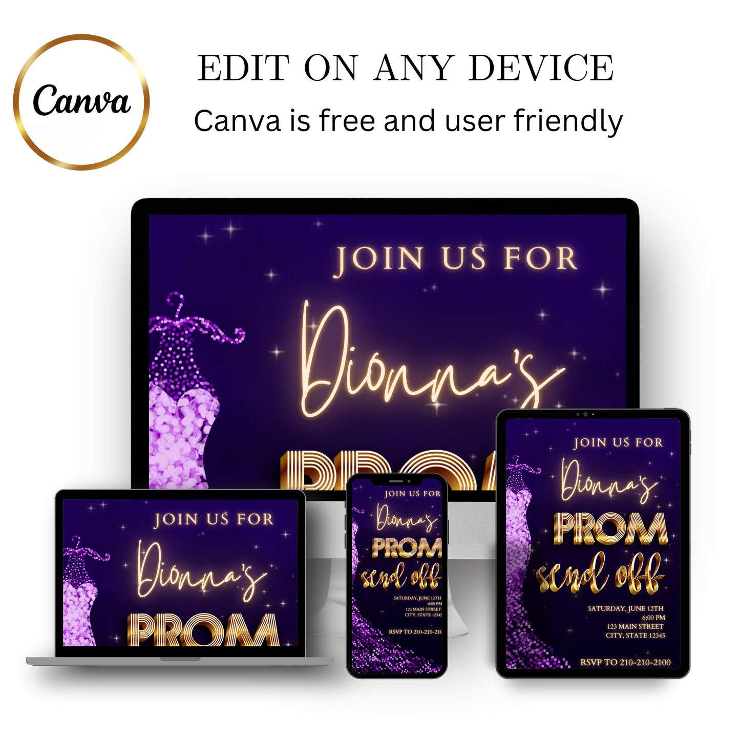 Editable purple gold glam prom send off video invitation displayed on a mobile phone, featuring an animated vertical digital invite with music, created in Canva. This premium video invitation template is designed for sharing by text, email, and social media and works with an interactive RSVP website for easy guest response tracking.
