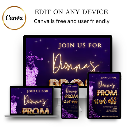 Editable purple gold glam prom send off video invitation displayed on a mobile phone, featuring an animated vertical digital invite with music, created in Canva. This premium video invitation template is designed for sharing by text, email, and social media and works with an interactive RSVP website for easy guest response tracking.