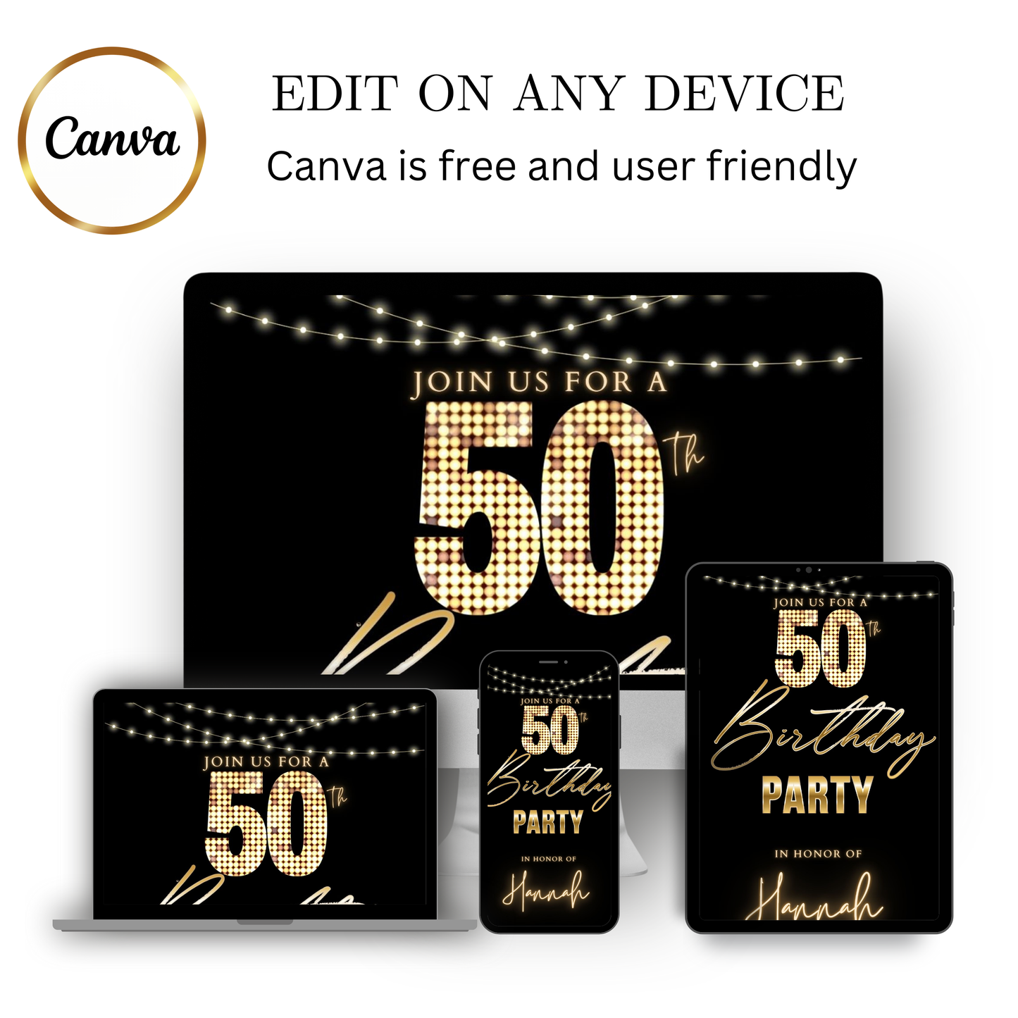 Editable gold stars 50th birthday party video invitation displayed on a mobile phone, featuring an animated vertical digital invite with music, created in Canva. This premium video invitation template is designed for sharing by text, email, and social media and works with an interactive RSVP website for easy guest response tracking.