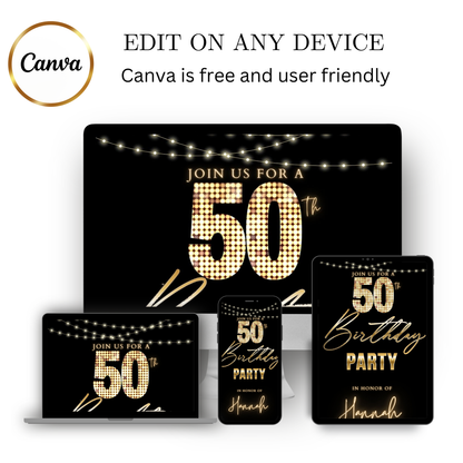 Editable gold stars 50th birthday party video invitation displayed on a mobile phone, featuring an animated vertical digital invite with music, created in Canva. This premium video invitation template is designed for sharing by text, email, and social media and works with an interactive RSVP website for easy guest response tracking.