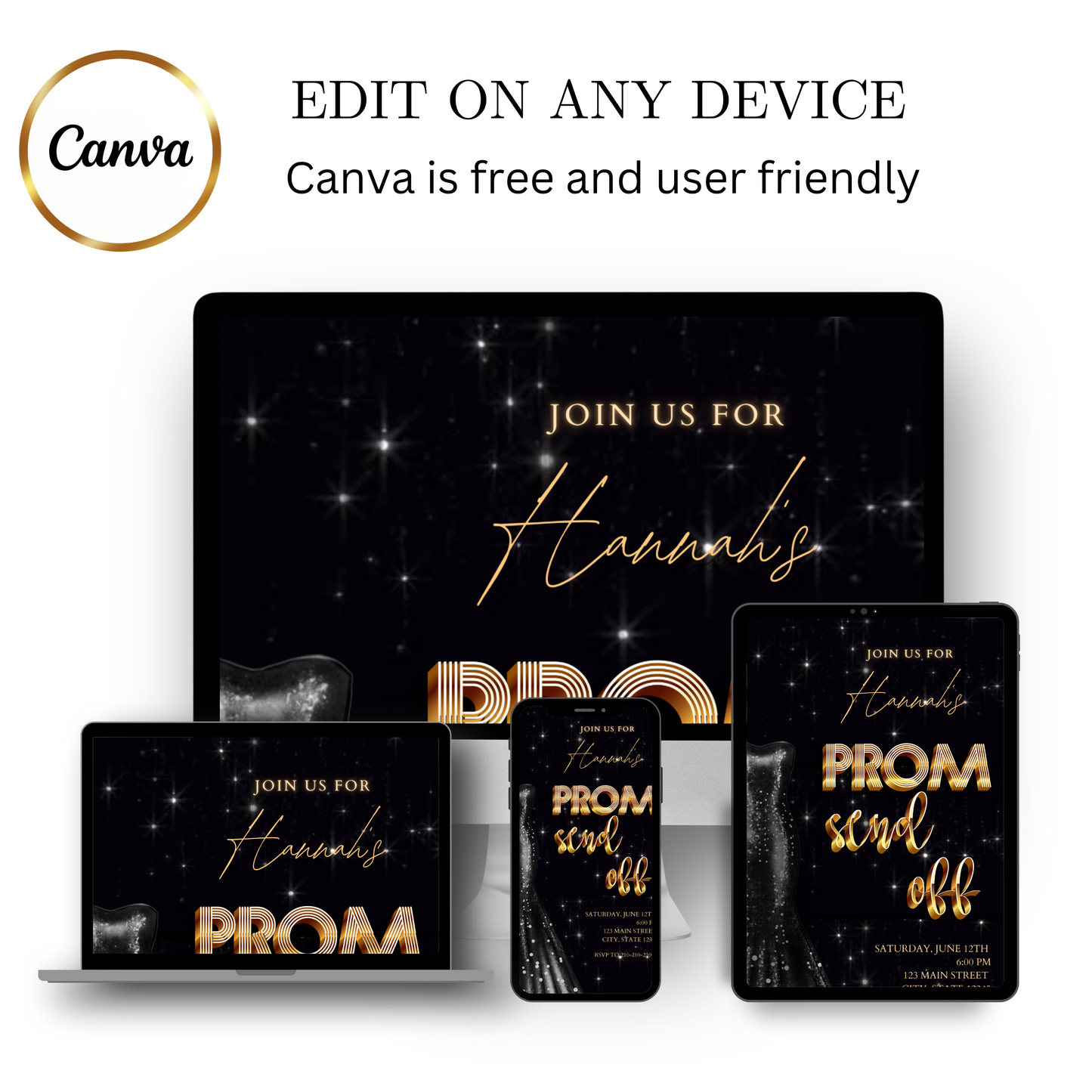 Editable black gold prom send off video invitation displayed on a mobile phone, featuring an animated vertical digital invite with music, created in Canva. This premium video invitation template is designed for sharing by text, email, and social media and works with an interactive RSVP website for easy guest response tracking.