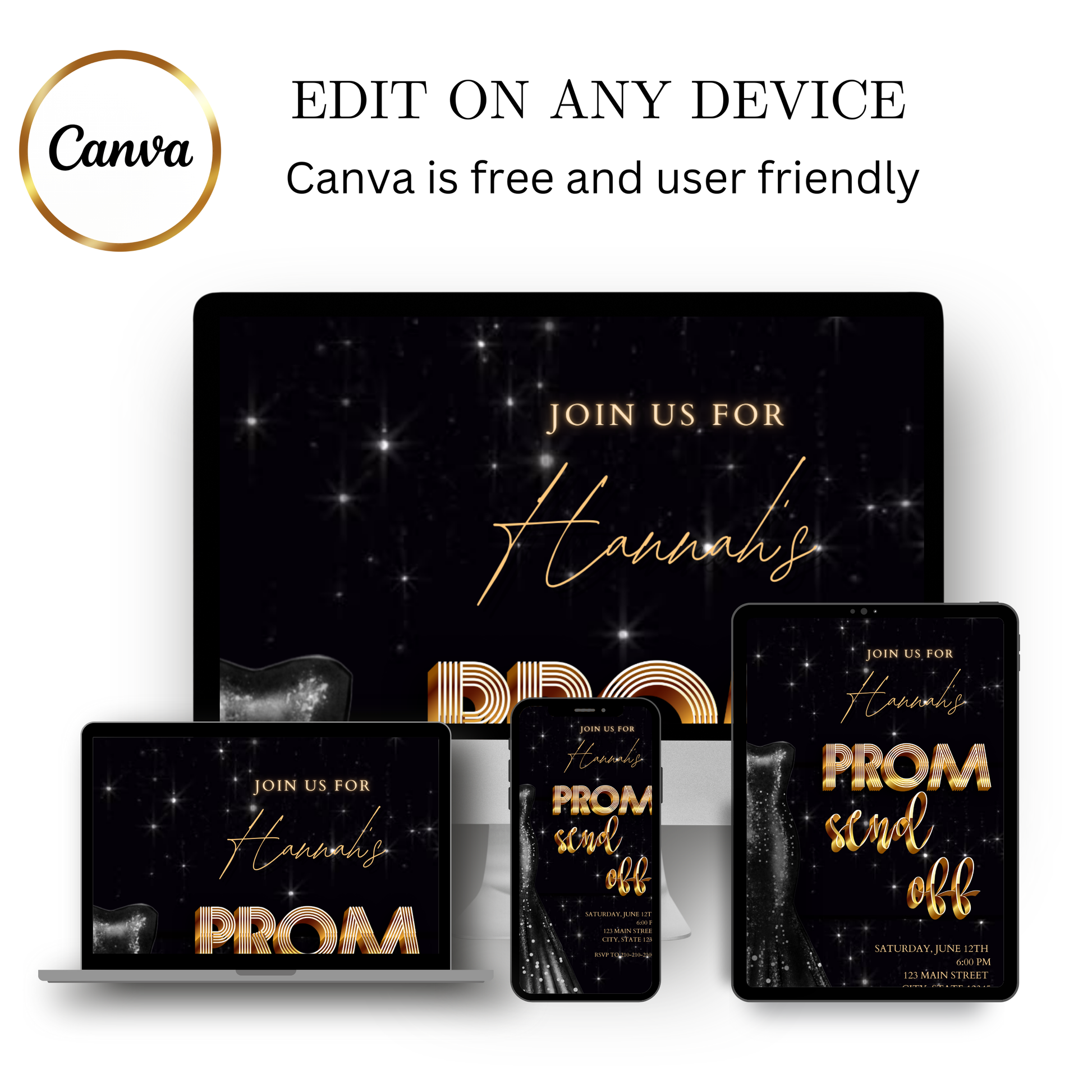 Editable black gold prom send off video invitation displayed on a mobile phone, featuring an animated vertical digital invite with music, created in Canva. This premium video invitation template is designed for sharing by text, email, and social media and works with an interactive RSVP website for easy guest response tracking.