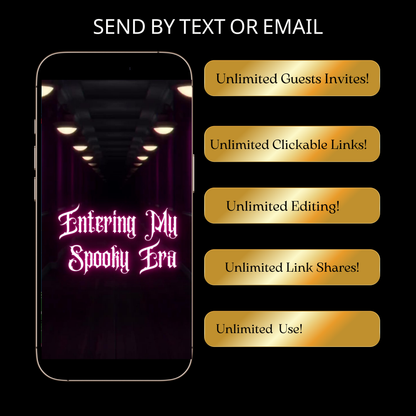 Editable halloween era party party video invitation displayed on a mobile phone, featuring an animated vertical digital invite with music, created in Canva. This premium video invitation template is designed for sharing by text, email, and social media and works with an interactive RSVP website for easy guest response tracking.