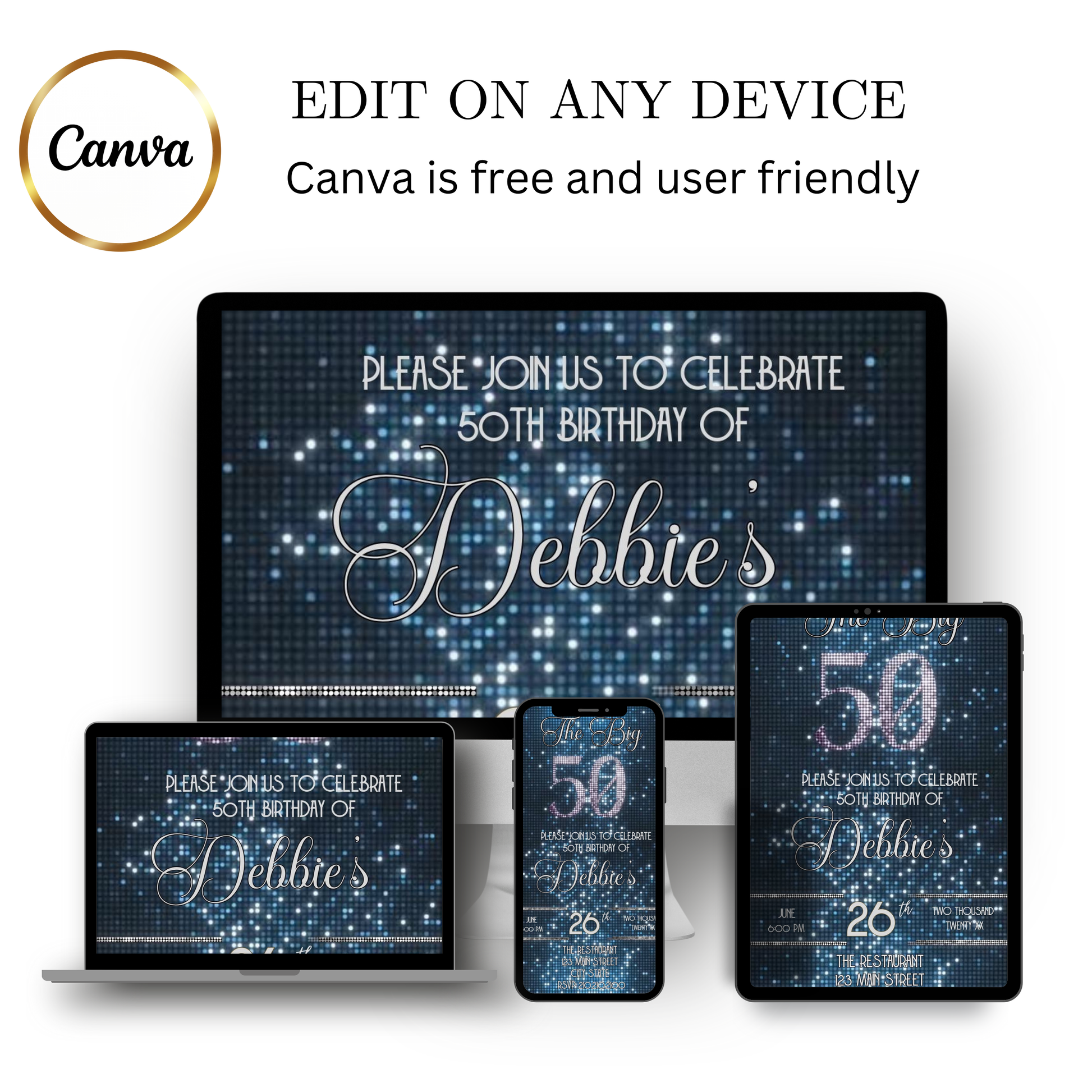 Editable blue glitter 50th birthday video invitation displayed on a mobile phone, featuring an animated vertical digital invite with music, created in Canva. This premium video invitation template is designed for sharing by text, email, and social media and works with an interactive RSVP website for easy guest response tracking.