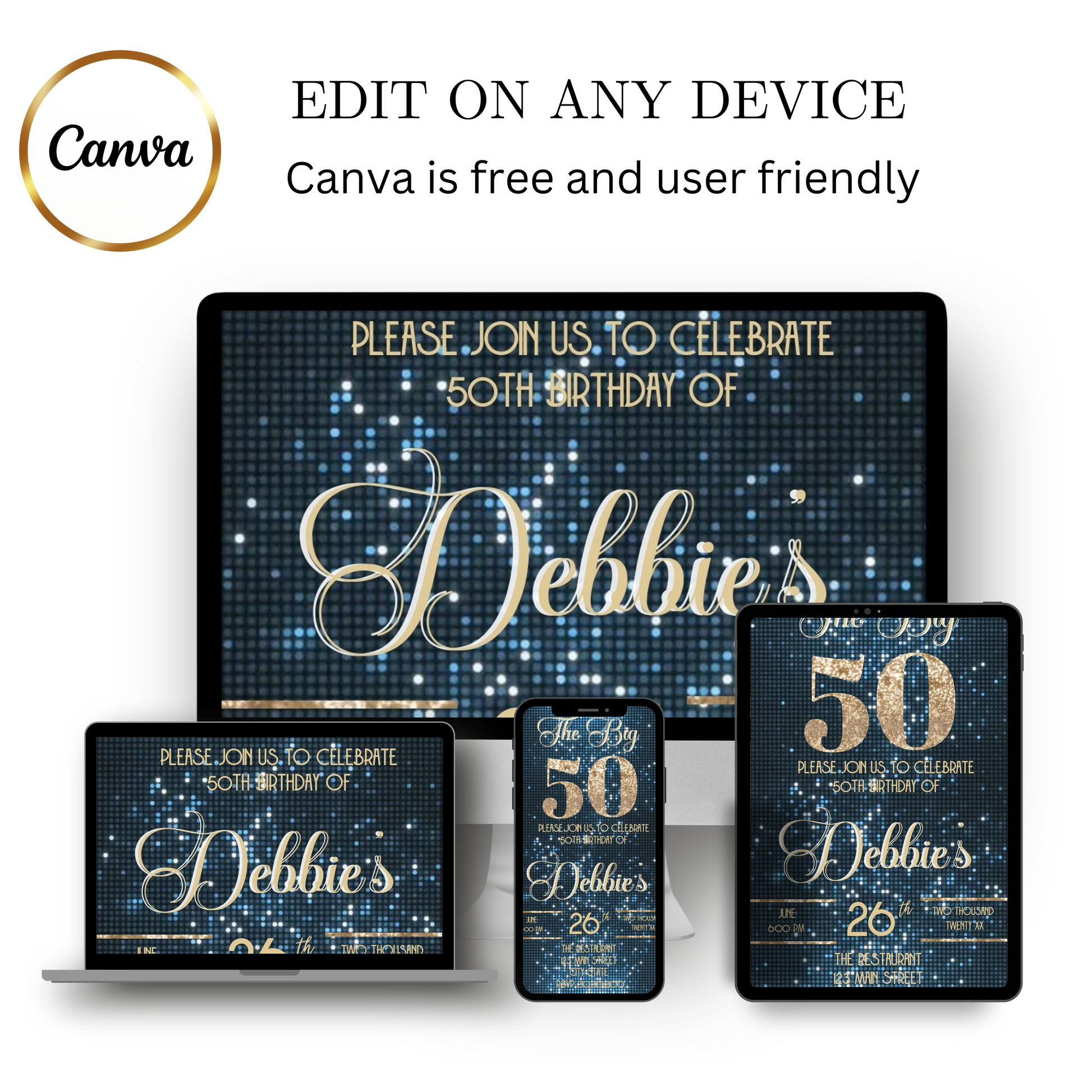 Editable baby blue shimmer 50th birthday video invitation displayed on a mobile phone, featuring an animated vertical digital invite with music, created in Canva. This premium video invitation template is designed for sharing by text, email, and social media and works with an interactive RSVP website for easy guest response tracking.