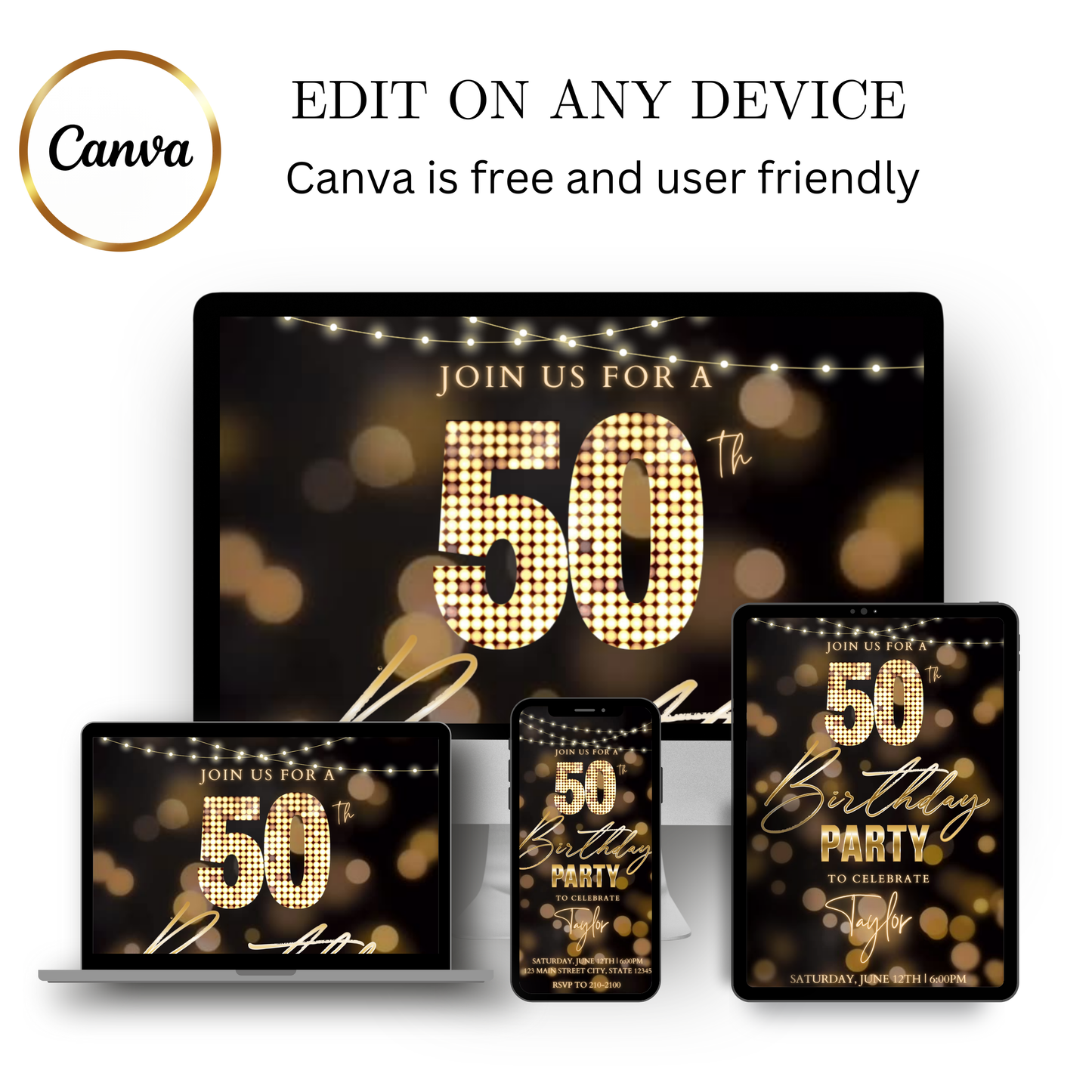 Editable blue gold starry 50th birthday video invitation displayed on a mobile phone, featuring an animated vertical digital invite with music, created in Canva. This premium video invitation template is designed for sharing by text, email, and social media and works with an interactive RSVP website for easy guest response tracking.