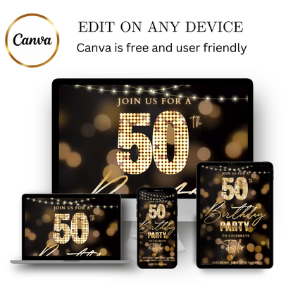 Editable blue gold starry 50th birthday video invitation displayed on a mobile phone, featuring an animated vertical digital invite with music, created in Canva. This premium video invitation template is designed for sharing by text, email, and social media and works with an interactive RSVP website for easy guest response tracking.
