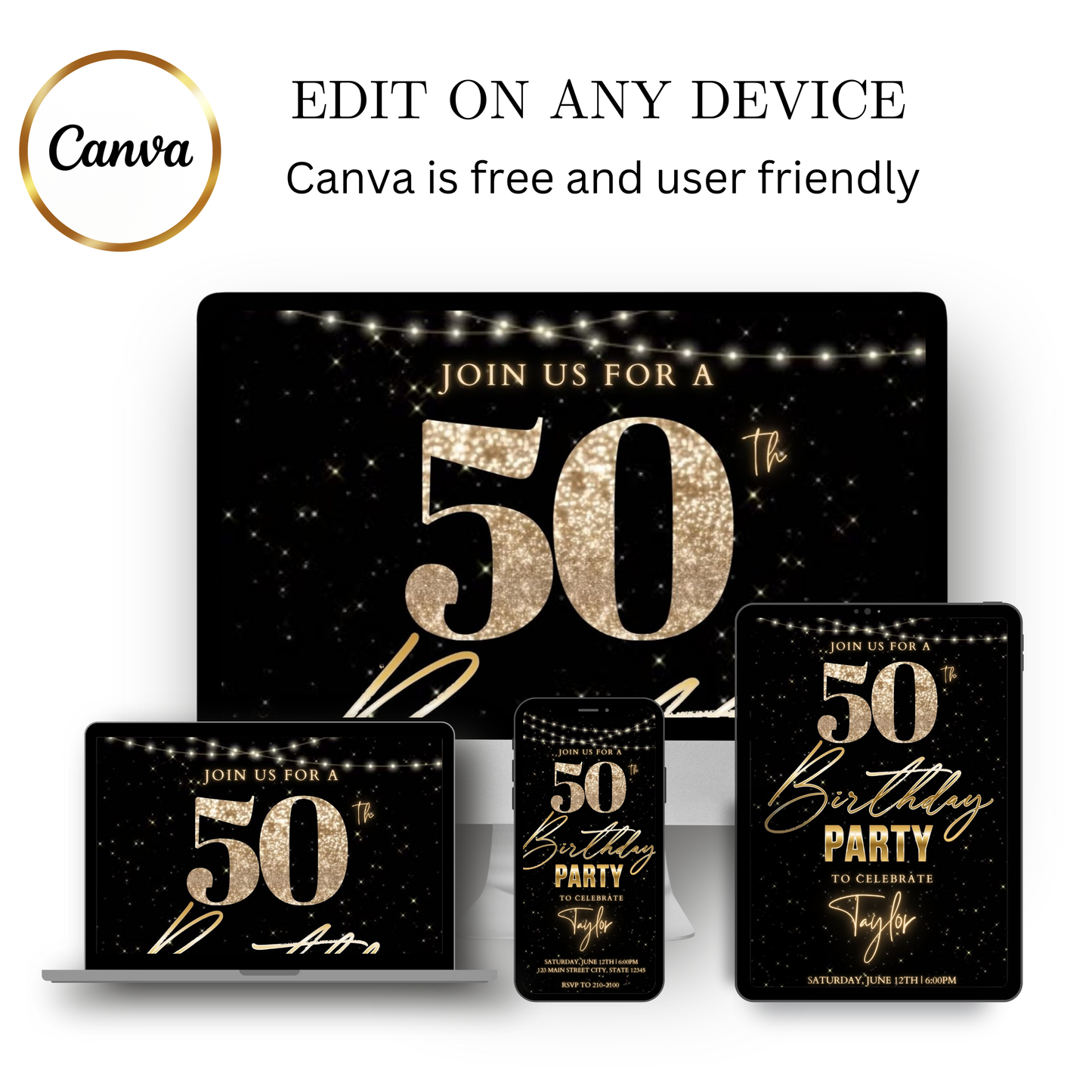 Editable gold glitter starry 50th birthday video invitation displayed on a mobile phone, featuring an animated vertical digital invite with music, created in Canva. This premium video invitation template is designed for sharing by text, email, and social media and works with an interactive RSVP website for easy guest response tracking.