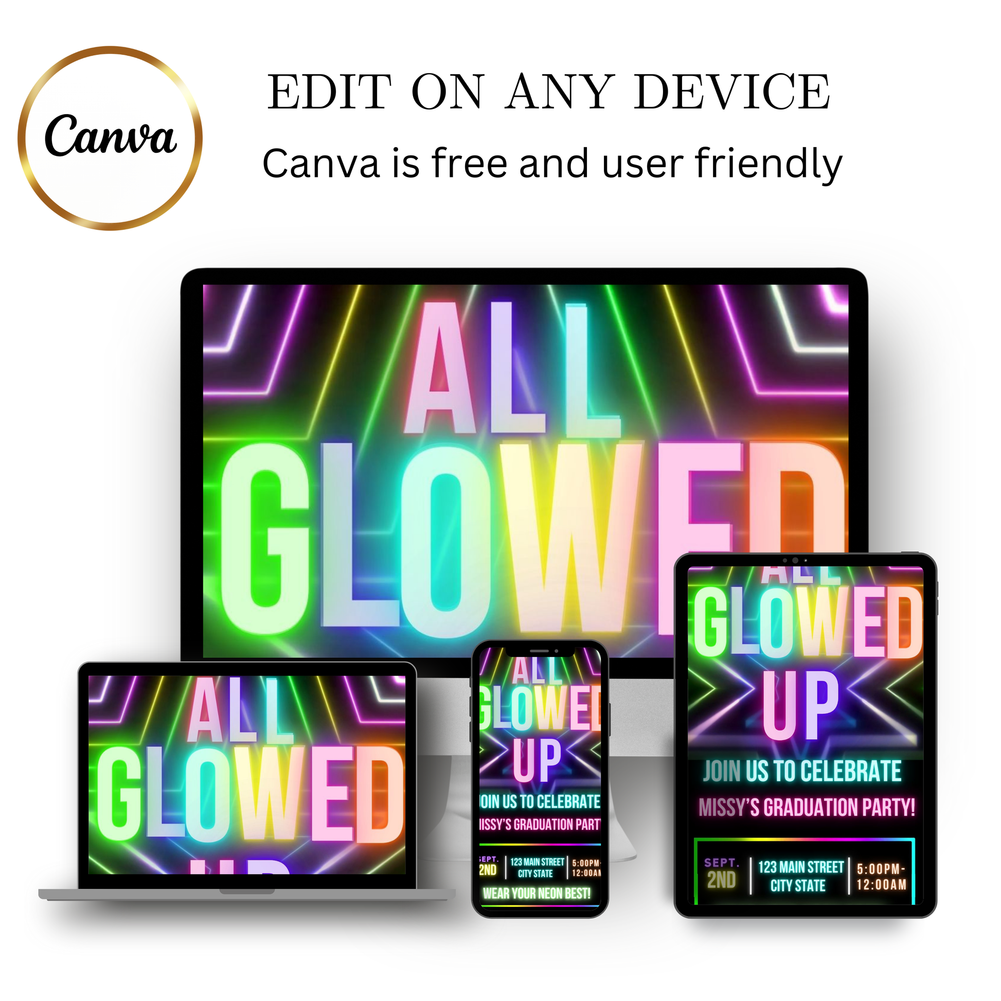 Editable neon glow graduation party video invitation displayed on a mobile phone, featuring an animated vertical digital invite with music, created in Canva. This premium video invitation template is designed for sharing by text, email, and social media and works with an interactive RSVP website for easy guest response tracking.