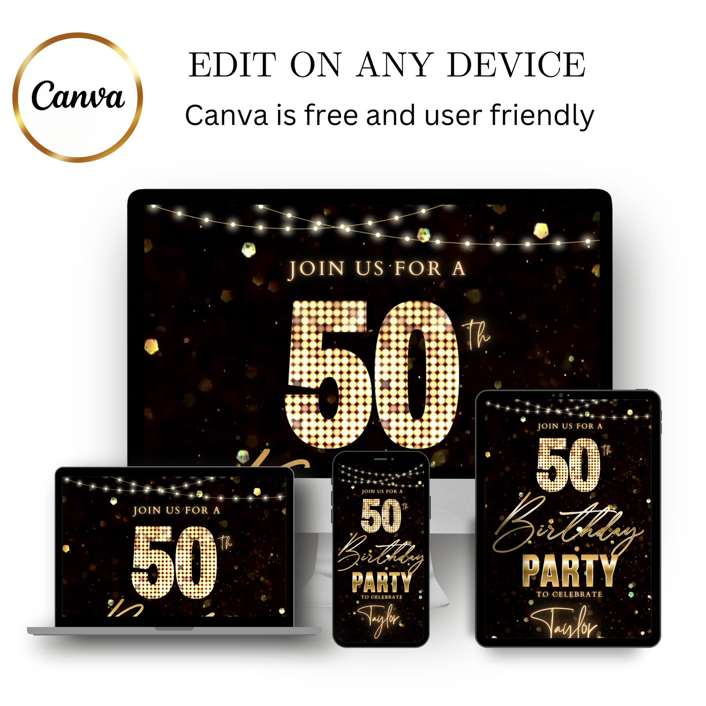 Editable black gold glitter lights 50th birthday video invitation displayed on a mobile phone, featuring an animated vertical digital invite with music, created in Canva. This premium video invitation template is designed for sharing by text, email, and social media and works with an interactive RSVP website for easy guest response tracking.