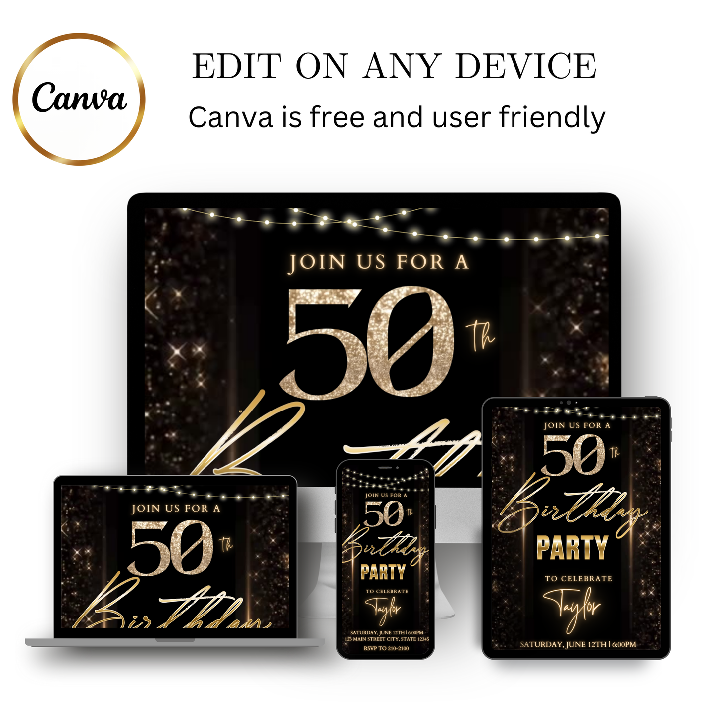 Editable blue gold modern 50th birthday video invitation displayed on a mobile phone, featuring an animated vertical digital invite with music, created in Canva. This premium video invitation template is designed for sharing by text, email, and social media and works with an interactive RSVP website for easy guest response tracking.