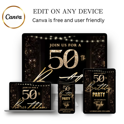 Editable blue gold modern 50th birthday video invitation displayed on a mobile phone, featuring an animated vertical digital invite with music, created in Canva. This premium video invitation template is designed for sharing by text, email, and social media and works with an interactive RSVP website for easy guest response tracking.