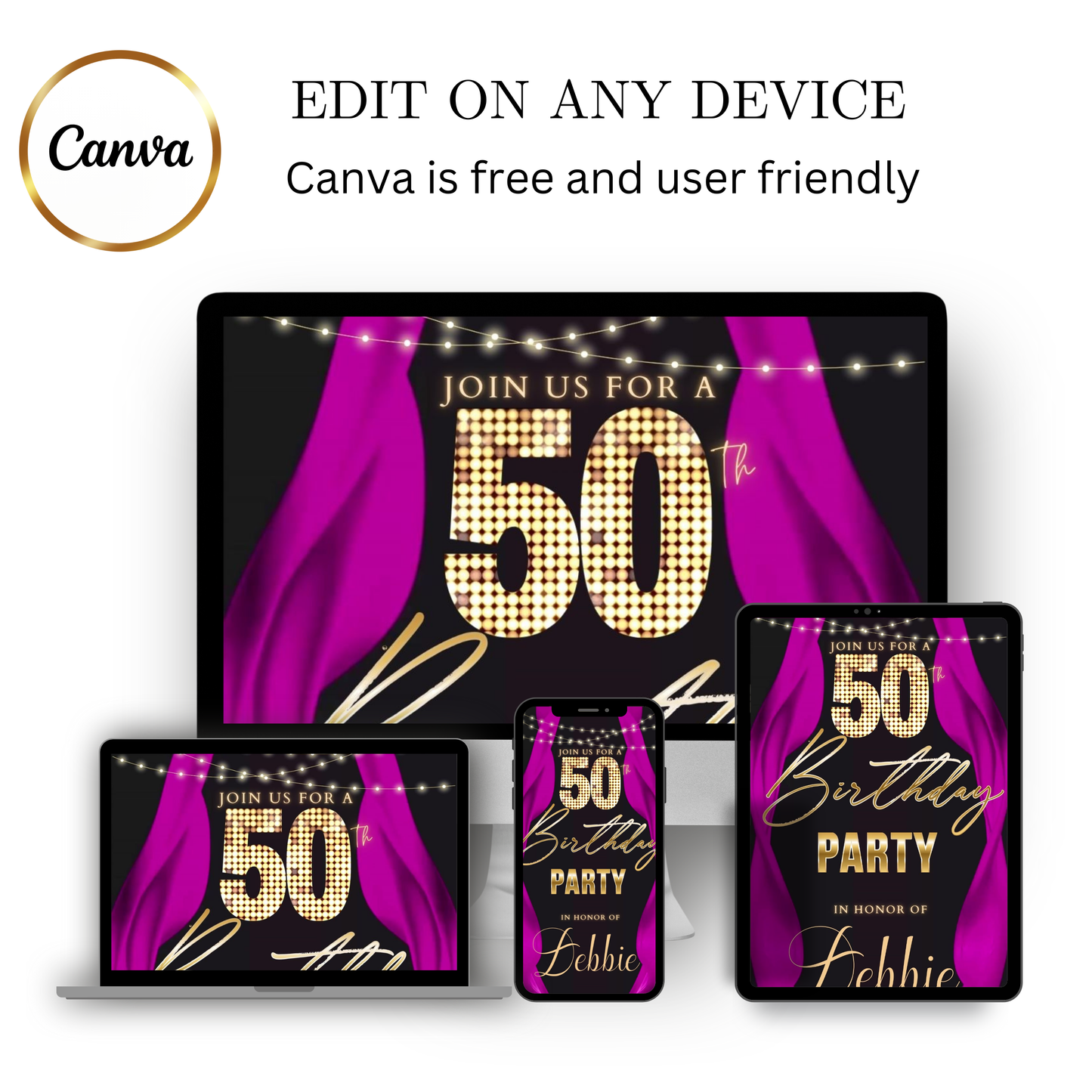 Editable pink curtain 50th birthday video invitation displayed on a mobile phone, featuring an animated vertical digital invite with music, created in Canva. This premium video invitation template is designed for sharing by text, email, and social media and works with an interactive RSVP website for easy guest response tracking.