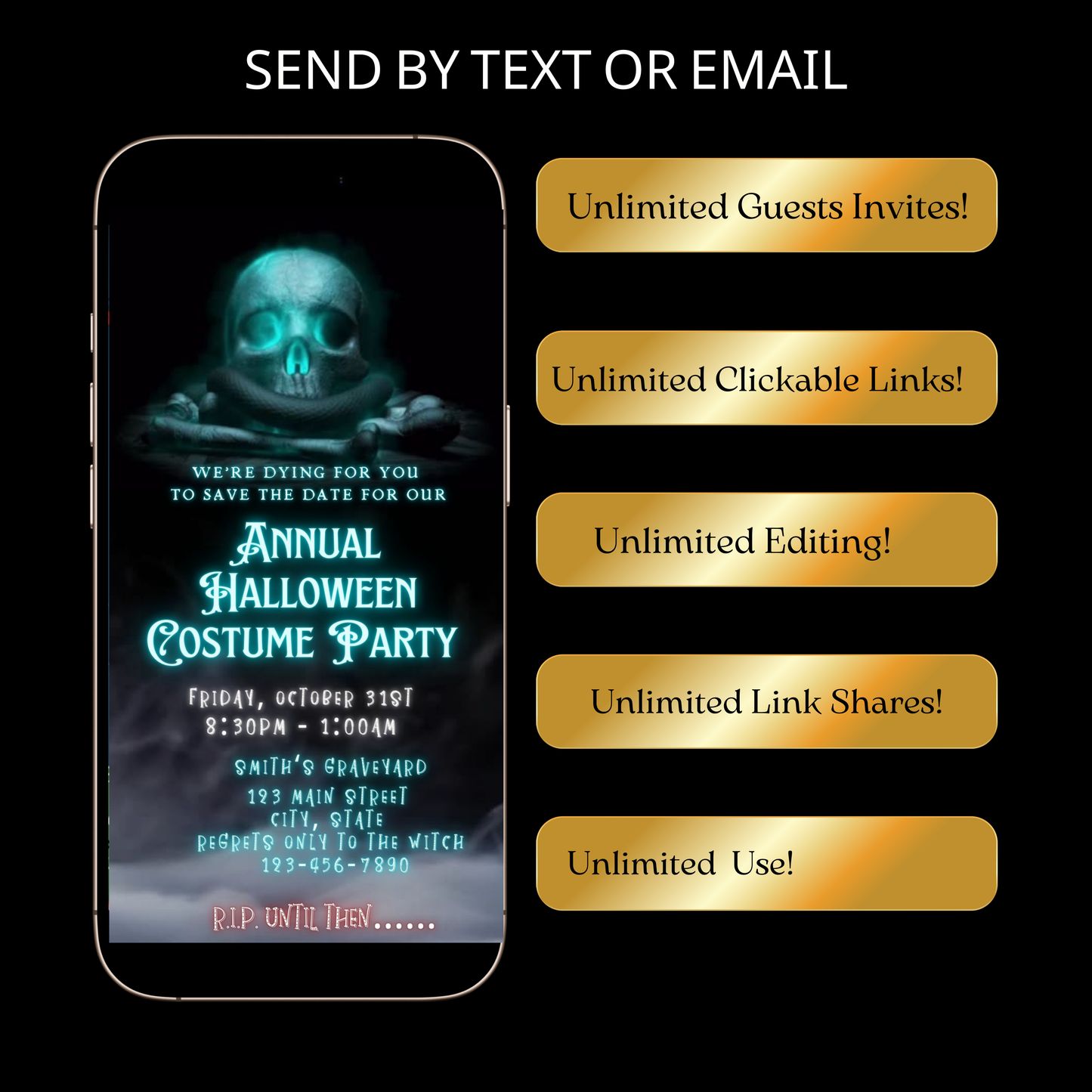 Editable spooky halloween costume party party video invitation displayed on a mobile phone, featuring an animated vertical digital invite with music, created in Canva. This premium video invitation template is designed for sharing by text, email, and social media and works with an interactive RSVP website for easy guest response tracking.