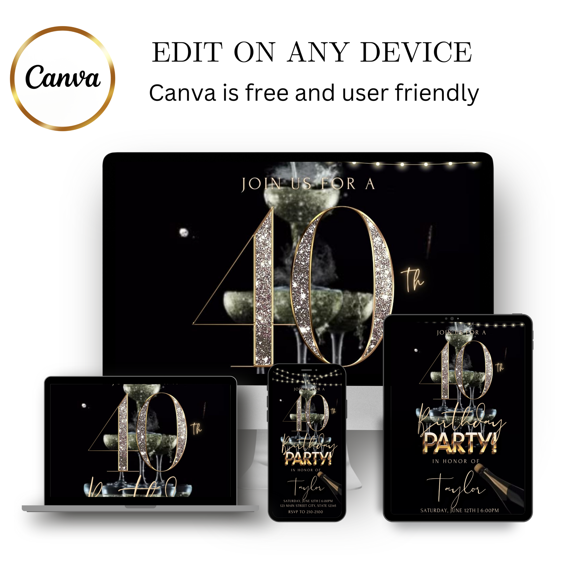 Editable black gold champagne 40th birthday video invitation displayed on a mobile phone, featuring an animated vertical digital invite with music, created in Canva. This premium video invitation template is designed for sharing by text, email, and social media and works with an interactive RSVP website for easy guest response tracking.