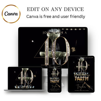 Editable black gold champagne 40th birthday video invitation displayed on a mobile phone, featuring an animated vertical digital invite with music, created in Canva. This premium video invitation template is designed for sharing by text, email, and social media and works with an interactive RSVP website for easy guest response tracking.