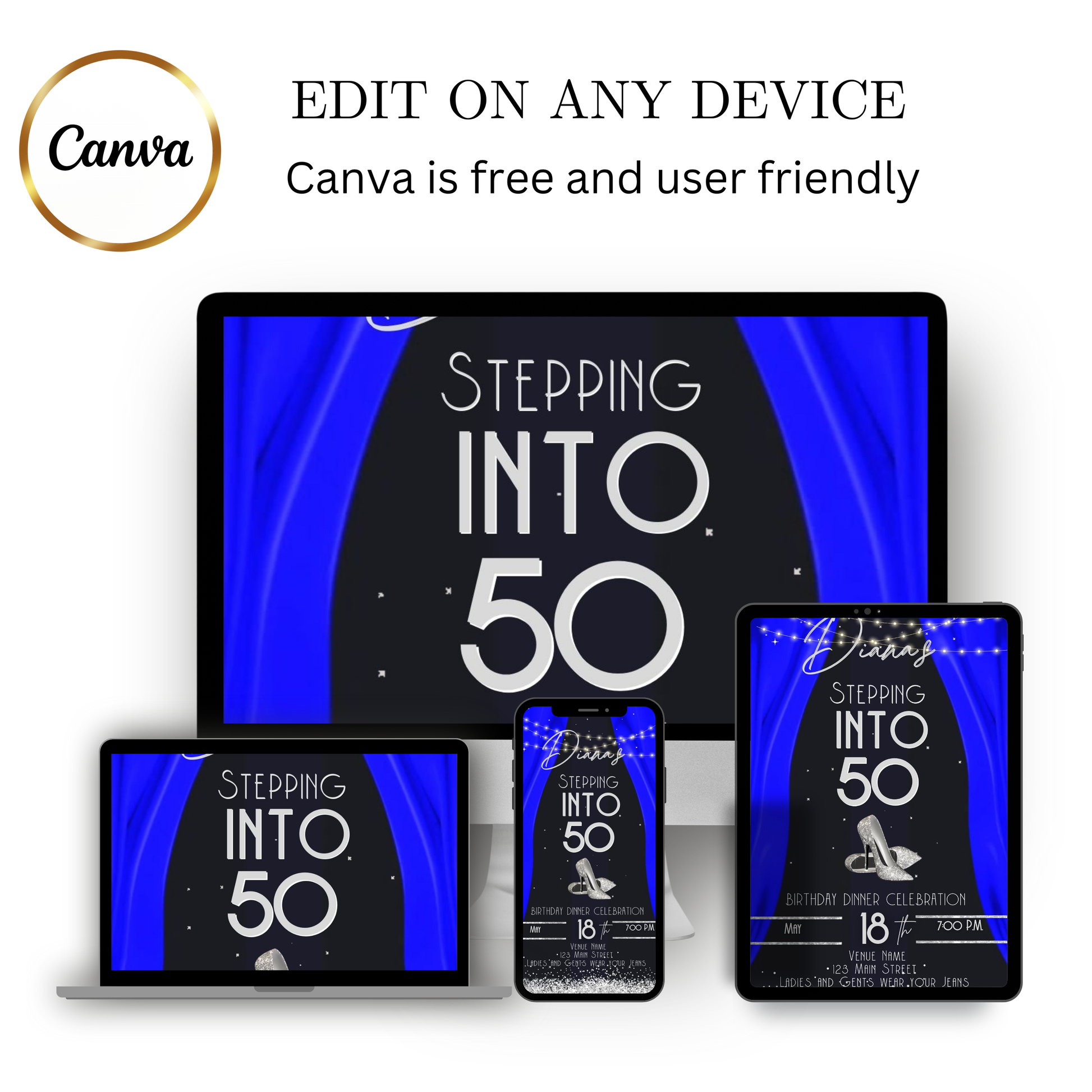 Editable royal blue elegant 50th birthday video invitation video invitation displayed on a mobile phone, featuring an animated vertical digital invite with music, created in Canva. This premium video invitation template is designed for sharing by text, email, and social media and works with an interactive RSVP website for easy guest response tracking.