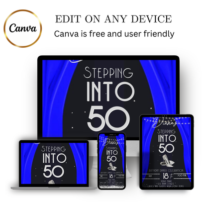 Editable royal blue elegant 50th birthday video invitation video invitation displayed on a mobile phone, featuring an animated vertical digital invite with music, created in Canva. This premium video invitation template is designed for sharing by text, email, and social media and works with an interactive RSVP website for easy guest response tracking.