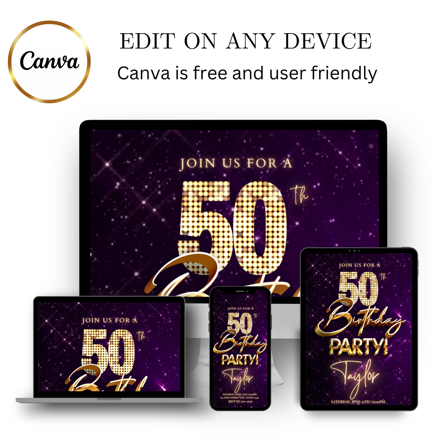 Editable purple gold sparkle 50th birthday video invitation displayed on a mobile phone, featuring an animated vertical digital invite with music, created in Canva. This premium video invitation template is designed for sharing by text, email, and social media and works with an interactive RSVP website for easy guest response tracking.