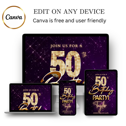 Editable purple gold sparkle 50th birthday video invitation displayed on a mobile phone, featuring an animated vertical digital invite with music, created in Canva. This premium video invitation template is designed for sharing by text, email, and social media and works with an interactive RSVP website for easy guest response tracking.
