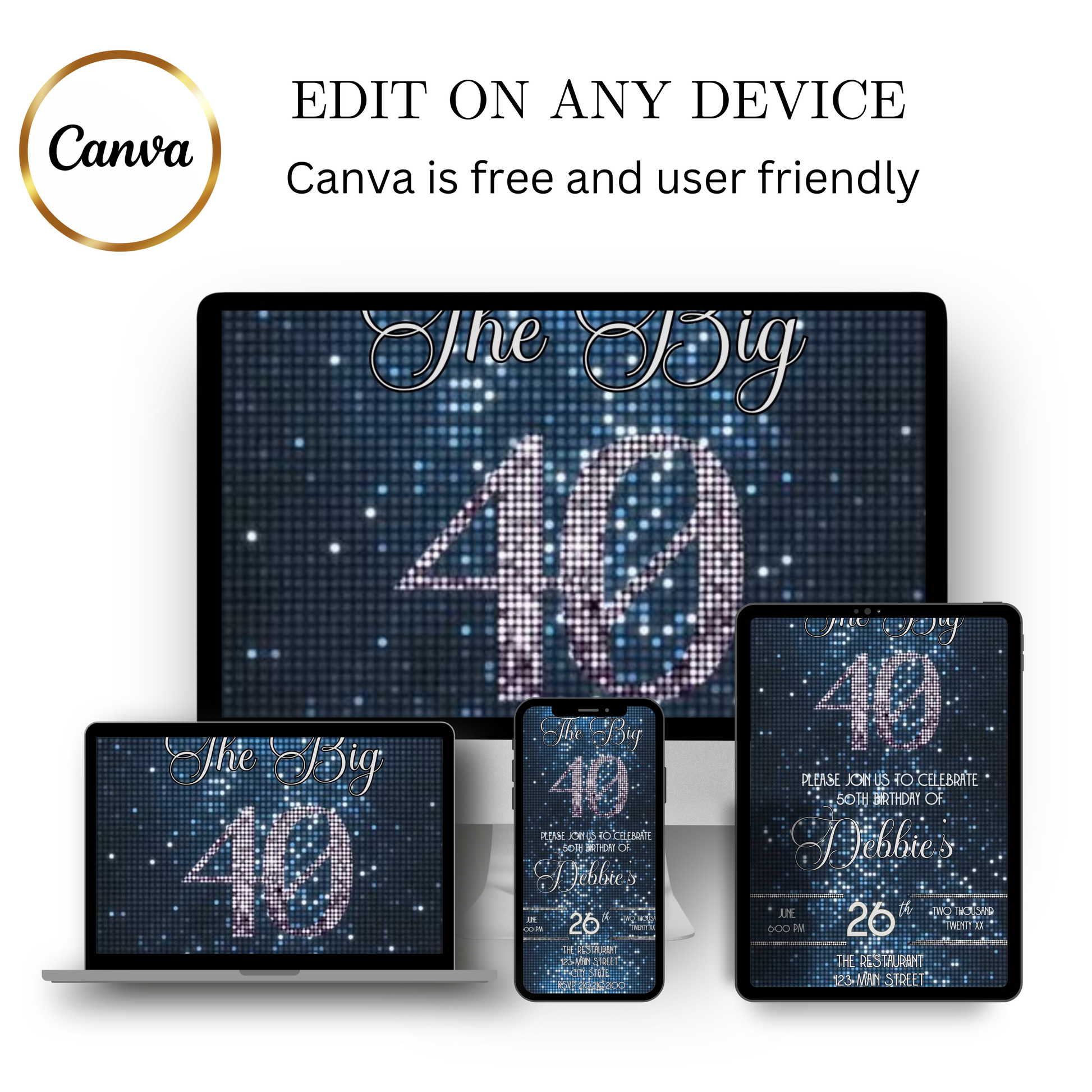 Editable blue sequin 40th birthday video invitation displayed on a mobile phone, featuring an animated vertical digital invite with music, created in Canva. This premium video invitation template is designed for sharing by text, email, and social media and works with an interactive RSVP website for easy guest response tracking.