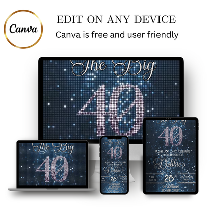 Editable blue sequin 40th birthday video invitation displayed on a mobile phone, featuring an animated vertical digital invite with music, created in Canva. This premium video invitation template is designed for sharing by text, email, and social media and works with an interactive RSVP website for easy guest response tracking.
