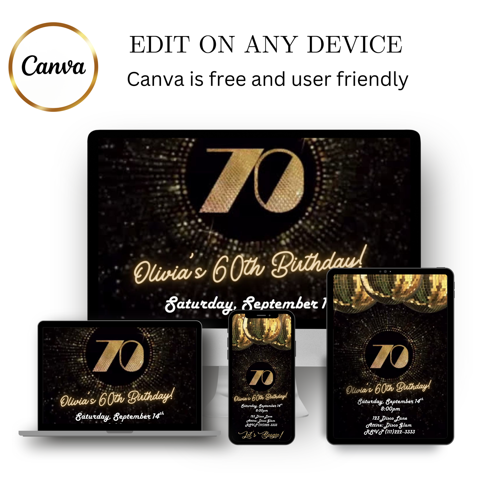 Editable black gold glitter 70th birthday video invitation displayed on a mobile phone, featuring an animated vertical digital invite with music, created in Canva. This premium video invitation template is designed for sharing by text, email, and social media and works with an interactive RSVP website for easy guest response tracking.