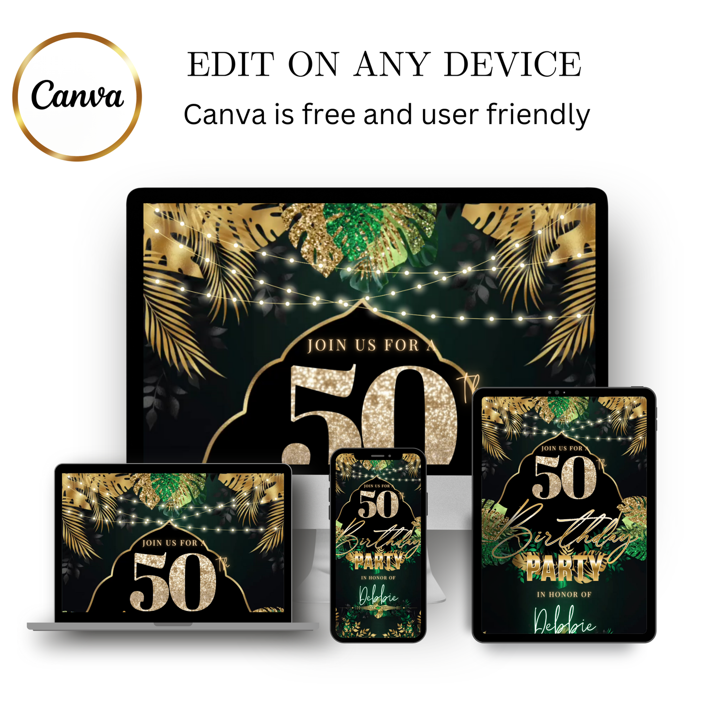 Editable tropical green gold 50th birthday video invitation displayed on a mobile phone, featuring an animated vertical digital invite with music, created in Canva. This premium video invitation template is designed for sharing by text, email, and social media and works with an interactive RSVP website for easy guest response tracking.