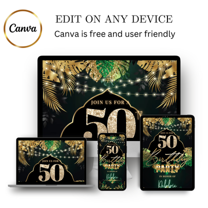 Editable tropical green gold 50th birthday video invitation displayed on a mobile phone, featuring an animated vertical digital invite with music, created in Canva. This premium video invitation template is designed for sharing by text, email, and social media and works with an interactive RSVP website for easy guest response tracking.