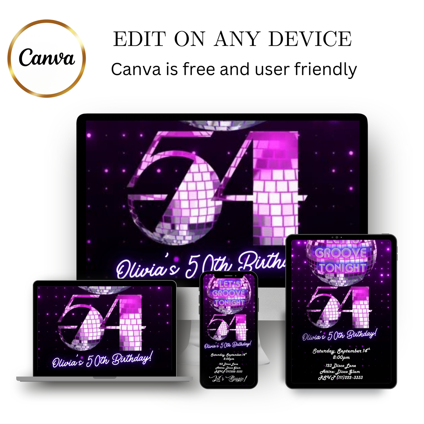 Editable purple disco 54th birthday video invitation displayed on a mobile phone, featuring an animated vertical digital invite with music, created in Canva. This premium video invitation template is designed for sharing by text, email, and social media and works with an interactive RSVP website for easy guest response tracking.