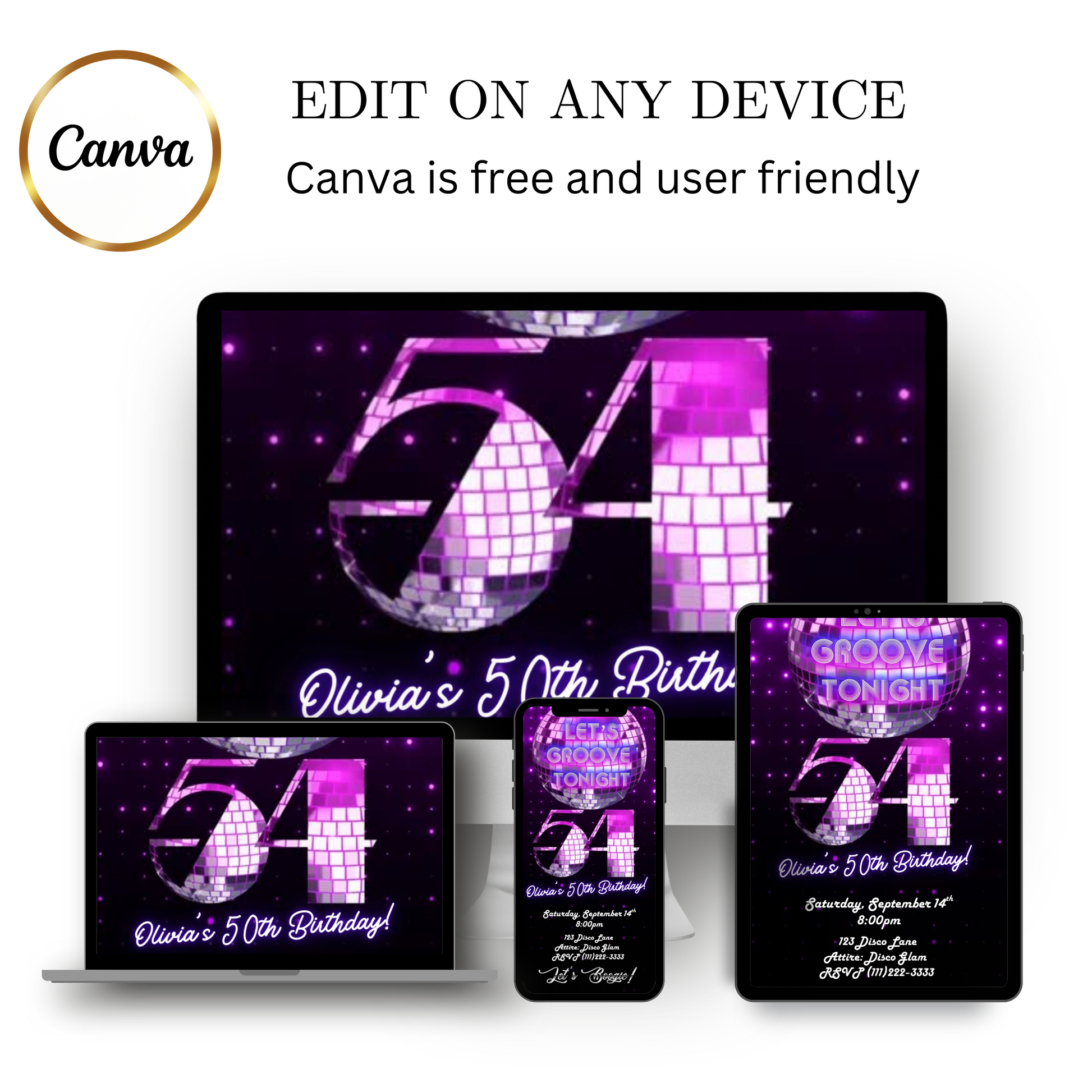 Editable purple disco 54th birthday video invitation displayed on a mobile phone, featuring an animated vertical digital invite with music, created in Canva. This premium video invitation template is designed for sharing by text, email, and social media and works with an interactive RSVP website for easy guest response tracking.