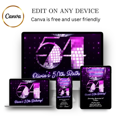 Editable purple disco 54th birthday video invitation displayed on a mobile phone, featuring an animated vertical digital invite with music, created in Canva. This premium video invitation template is designed for sharing by text, email, and social media and works with an interactive RSVP website for easy guest response tracking.