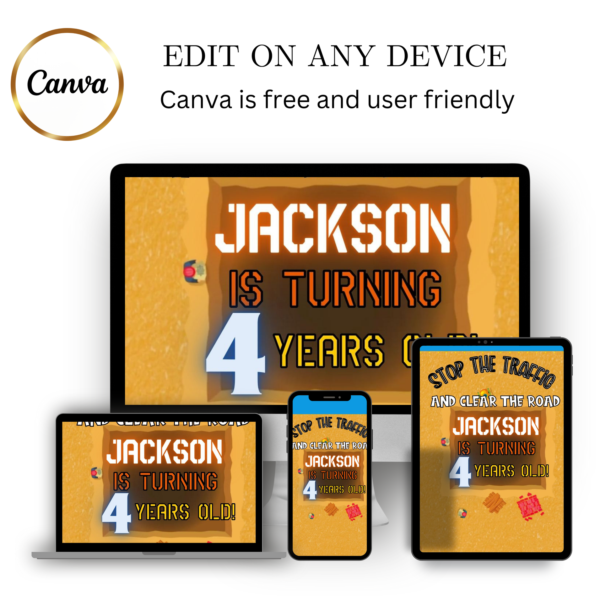 Editable construction theme 4th birthday video invitation displayed on a mobile phone, featuring an animated vertical digital invite with music, created in Canva. This premium video invitation template is designed for sharing by text, email, and social media and works with an interactive RSVP website for easy guest response tracking.
