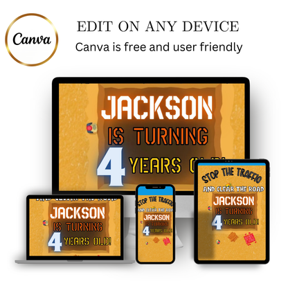 Editable construction theme 4th birthday video invitation displayed on a mobile phone, featuring an animated vertical digital invite with music, created in Canva. This premium video invitation template is designed for sharing by text, email, and social media and works with an interactive RSVP website for easy guest response tracking.