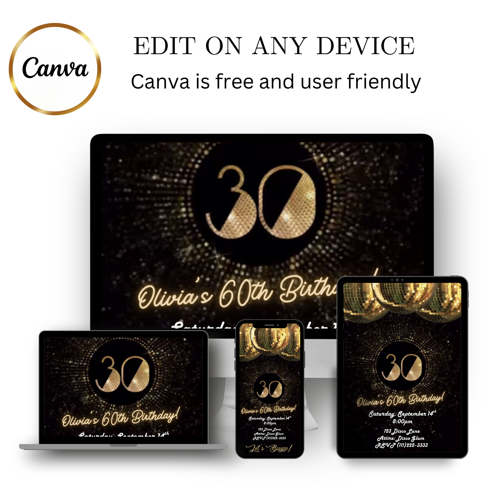 Editable gold disco ball 30th birthday video invitation displayed on a mobile phone, featuring an animated vertical digital invite with music, created in Canva. This premium video invitation template is designed for sharing by text, email, and social media and works with an interactive RSVP website for easy guest response tracking.