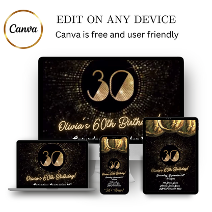 Editable gold disco ball 30th birthday video invitation displayed on a mobile phone, featuring an animated vertical digital invite with music, created in Canva. This premium video invitation template is designed for sharing by text, email, and social media and works with an interactive RSVP website for easy guest response tracking.